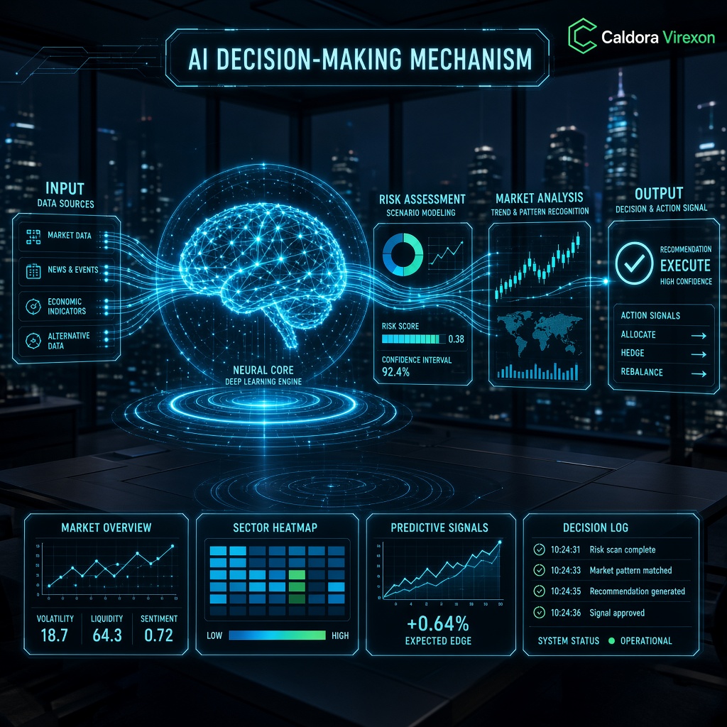 Esquema del motor predictivo Caldora Virexon con nodos de analisis de riesgo y mercado en arquitectura neuronal