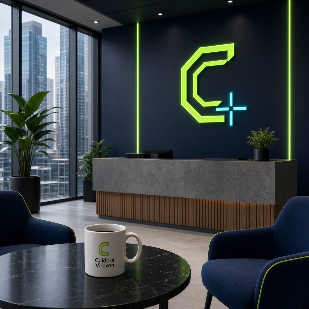 Recepcion de la sede central Caldora Virexon con iluminacion LED verde y logo institucional sobre una pared azul
