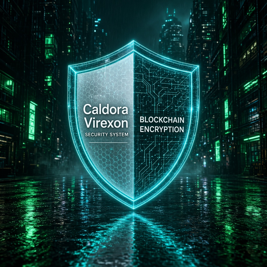 Escudo digital Caldora Virexon sobre una ciudad, representando proteccion multicapa de activos