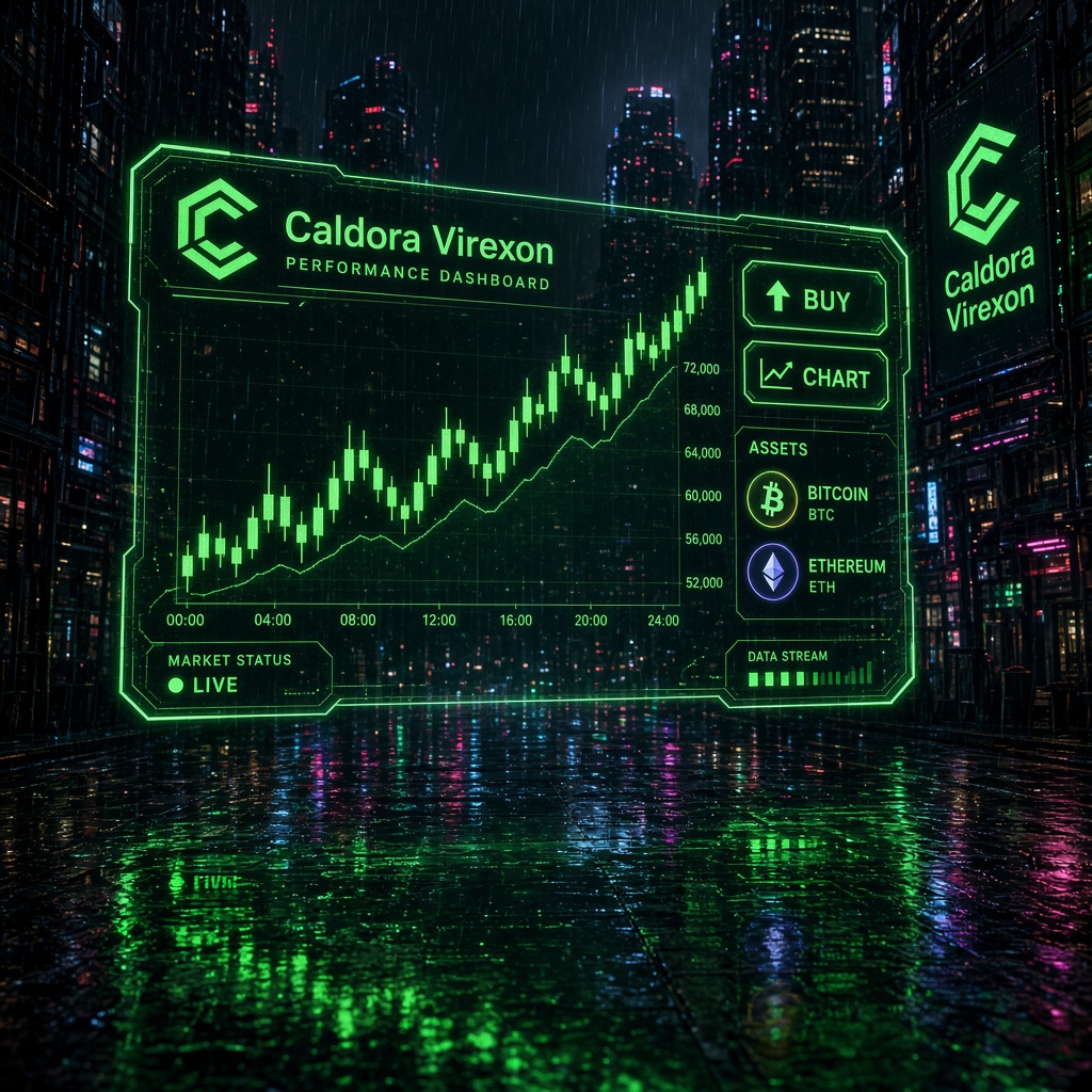 Panel de rendimiento Caldora Virexon con curvas verdes ascendentes proyectadas en una pantalla urbana